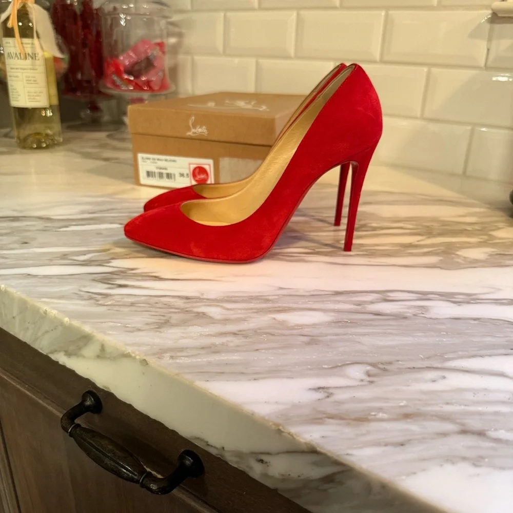 Christian Louboutin Vibrant Red Suede Heels - Picture 3 of 7